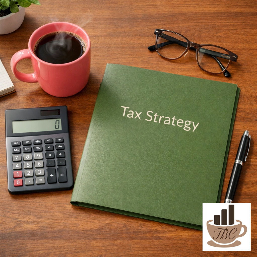 Flat lay of tax strategy folder with calculator, coffee mug, glasses, and pen on wooden desk, featuring The Bean Counters logo.